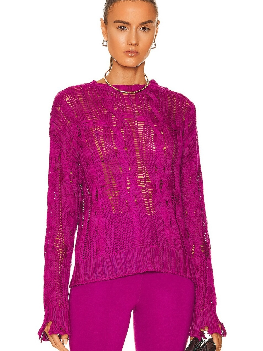 Sablyn Open-Knit Cable Crew Sweater in Magenta